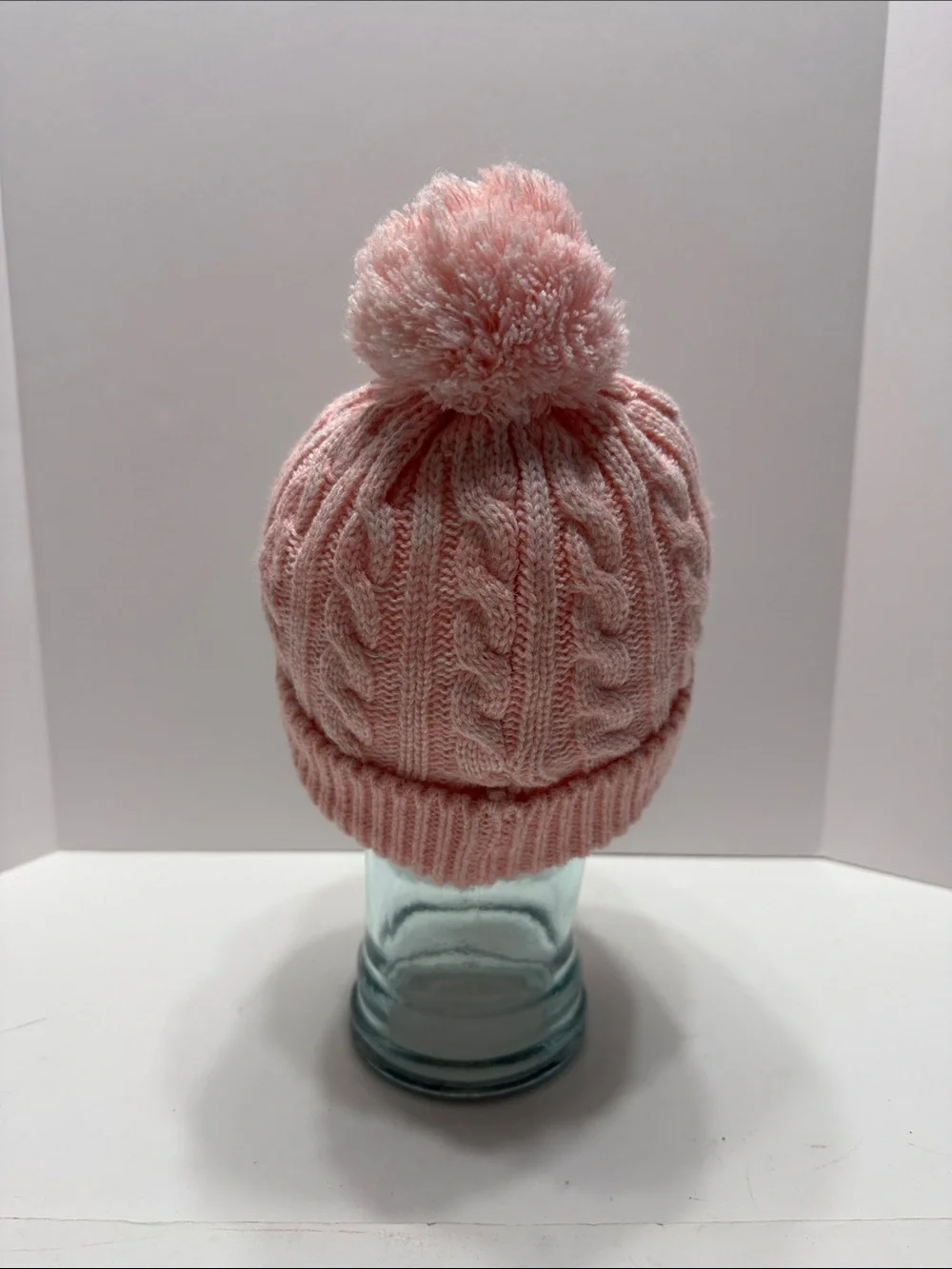 Soft Pink Cable-Knit Pom Pom Beanie for Kids